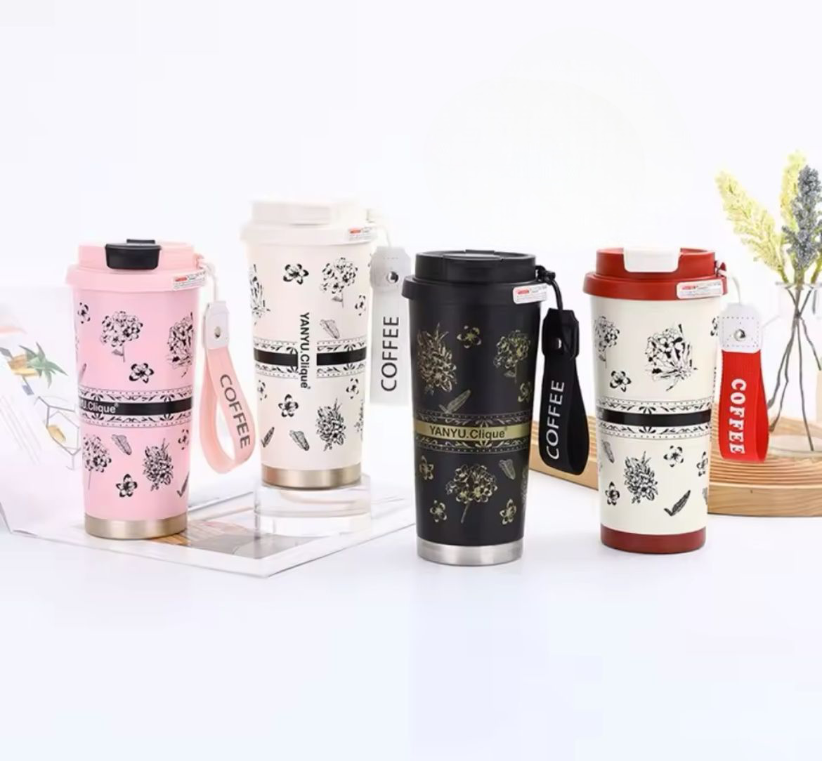 500ml Printed Flower Stainless Steel Thermos Mug, Double Layer Coffee Mug, Double Wall Vacuum Insulated Travel Mug 500ml Printed Flower Stainless Steel Thermos Mug, Double Layer Coffee Mug, Double Wall Vacuum Insulated Travel Mug